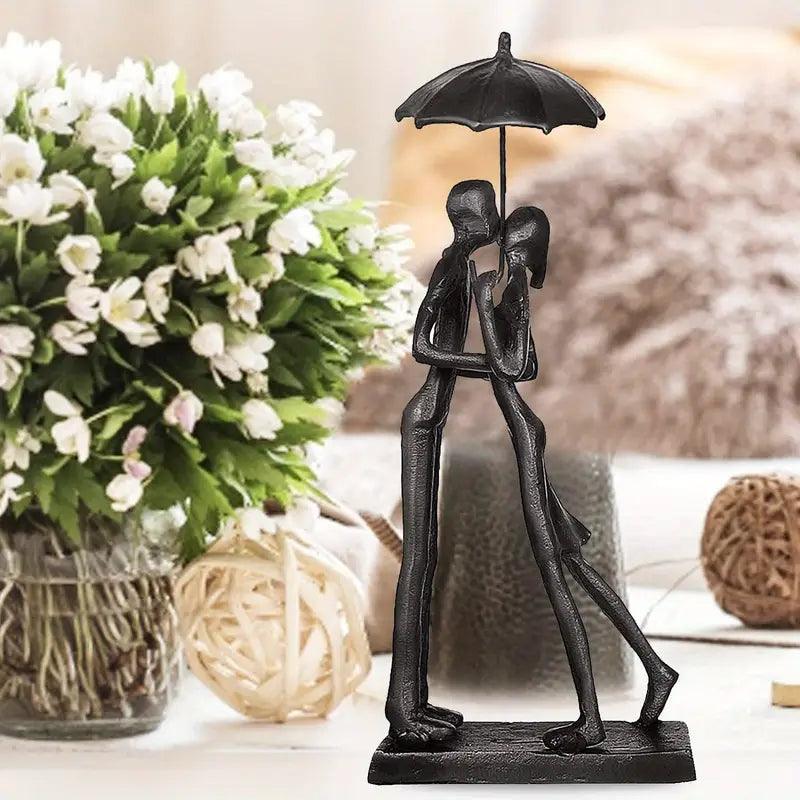 Figurine décorative Oiseaux d'amour avec parapluie | Métal noir | Accessoire de décoration romantique