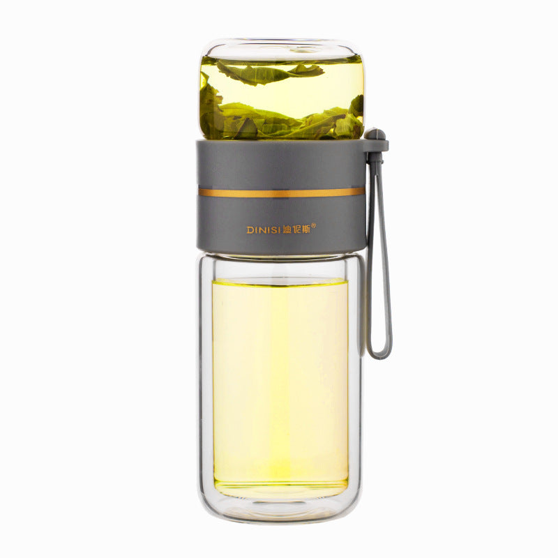 ThermoLeaf Bouteille de Thé en Verre à Double Paroi | 400–450 ml | Avec Filtre en Acier Inoxydable & Poignée de Transport | Étanche & Résistant à la Chaleur