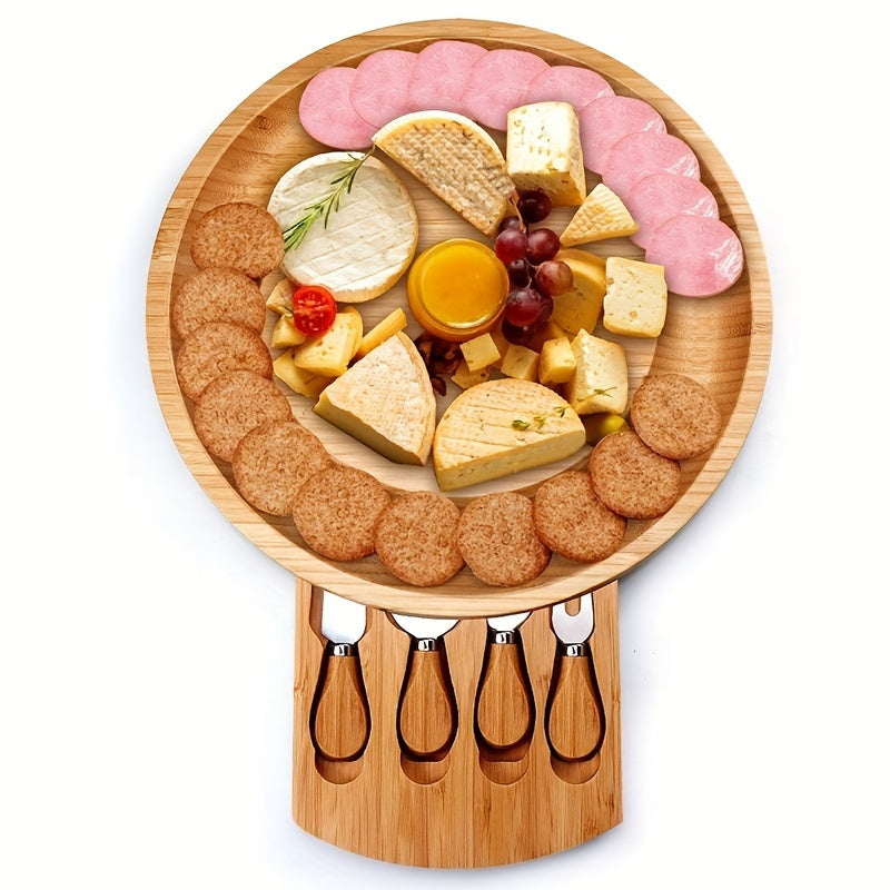 Plateau à fromage Bambucina Runde en bambou | Avec tiroir extensible & 4 couteaux à fromage | Durable & Élégant