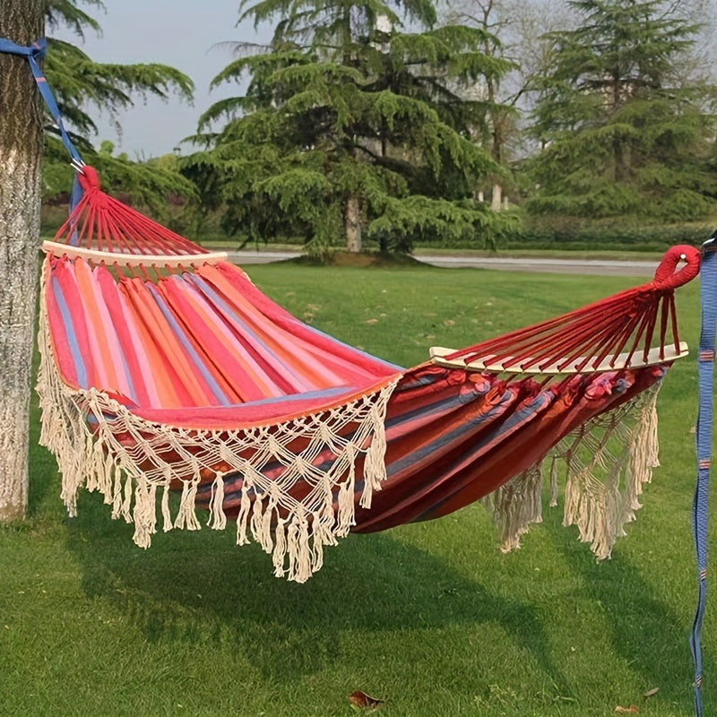 Hamac Boho Lunaria Breeze | Avec pompons et rayures | Coton | Pour 2 personnes | Capacité de 43 à 54 kg