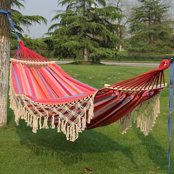 Hamac Boho Lunaria Breeze | Avec pompons et rayures | Coton | Pour 2 personnes | Capacité de 43 à 54 kg