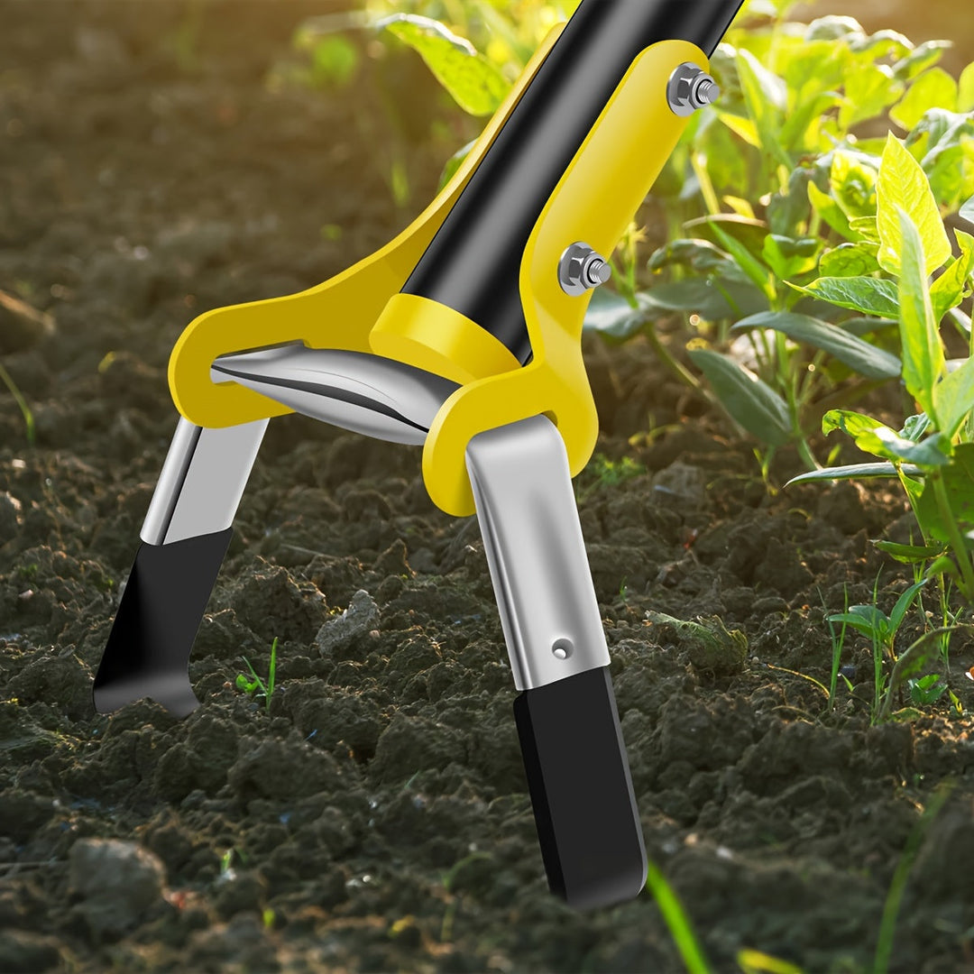 TerraTri Houe de Jardin | Tête triangulaire en acier inoxydable | Poignée ergonomique | Noir-Jaune