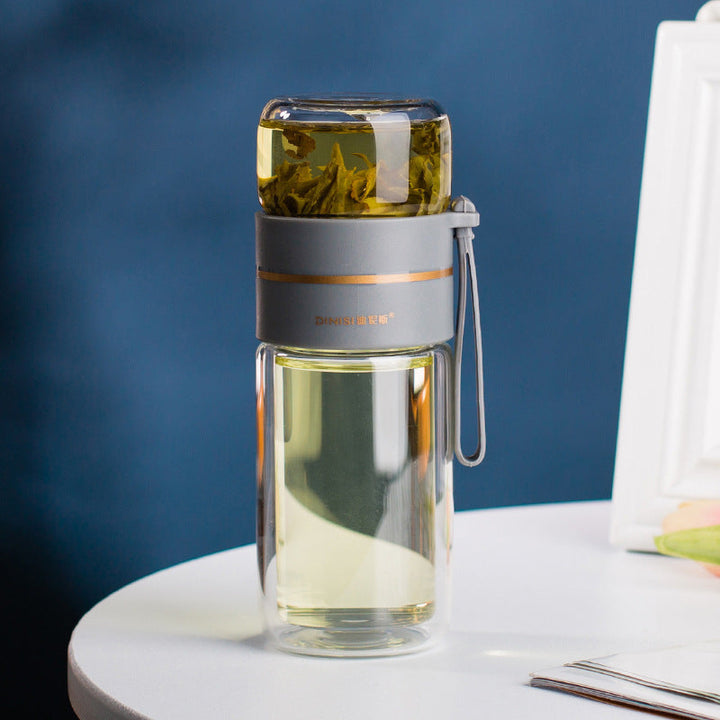 ThermoLeaf Bouteille de Thé en Verre à Double Paroi | 400–450 ml | Avec Filtre en Acier Inoxydable & Poignée de Transport | Étanche & Résistant à la Chaleur