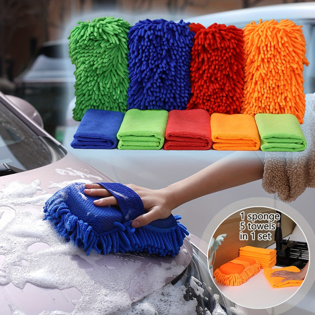 GlanzWerk Kit de nettoyage auto 6 pièces | Microfibre & Chenille | Sans rayures & Super absorbant | Pour voiture & maison