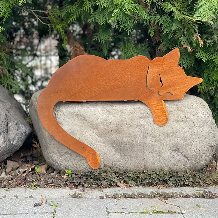 Figurine de jardin Chat Endormi | Design Rustique | Fer Résistant aux Intempéries | Élément Décoratif pour Espaces Extérieurs