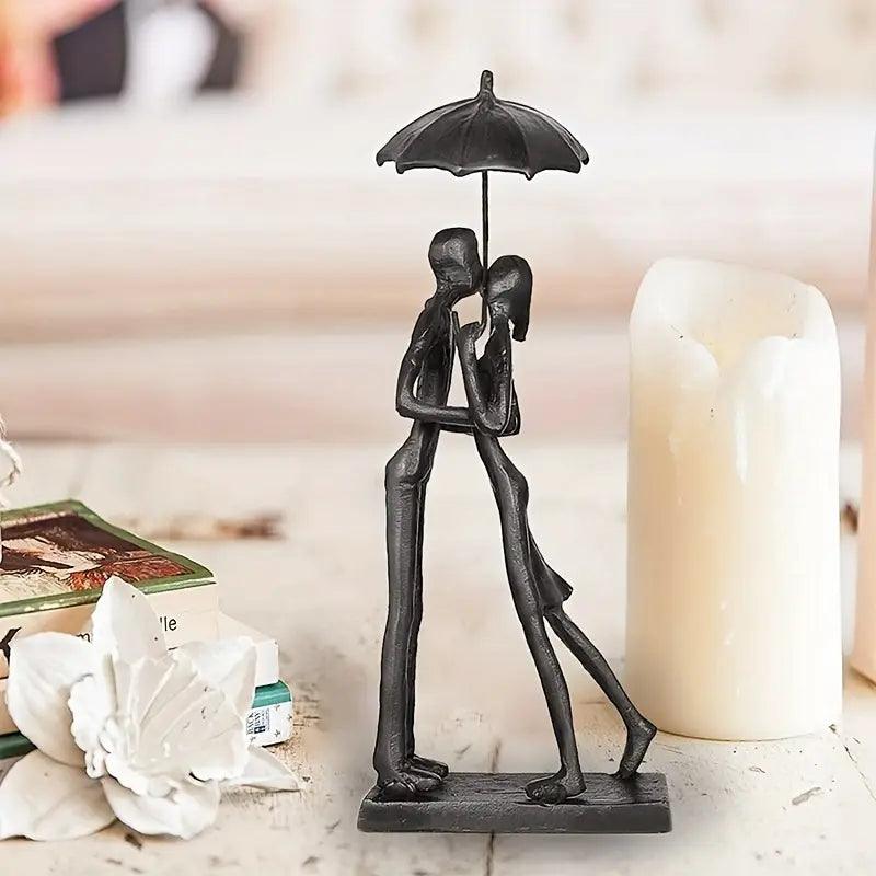Figurine décorative Oiseaux d'amour avec parapluie | Métal noir | Accessoire de décoration romantique