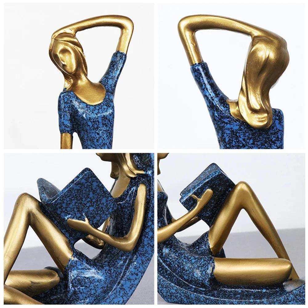 Figurines Décoratives Fille | Yoga & Lecture | Ensemble de Sculptures en Résine | Bleu & Or