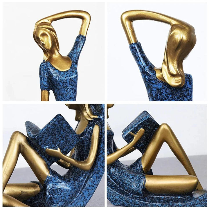 Figurines Décoratives Fille | Yoga & Lecture | Ensemble de Sculptures en Résine | Bleu & Or