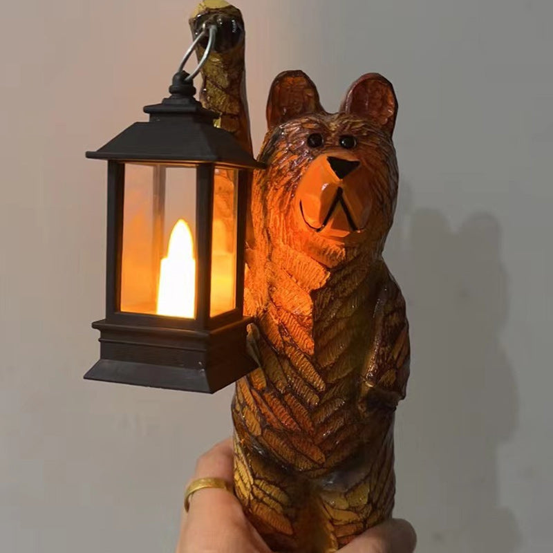 Luminara Ours Solaire | Sculpté à la main en résine | Lanterne avec effet de clignotement de bougie | Résistant aux intempéries