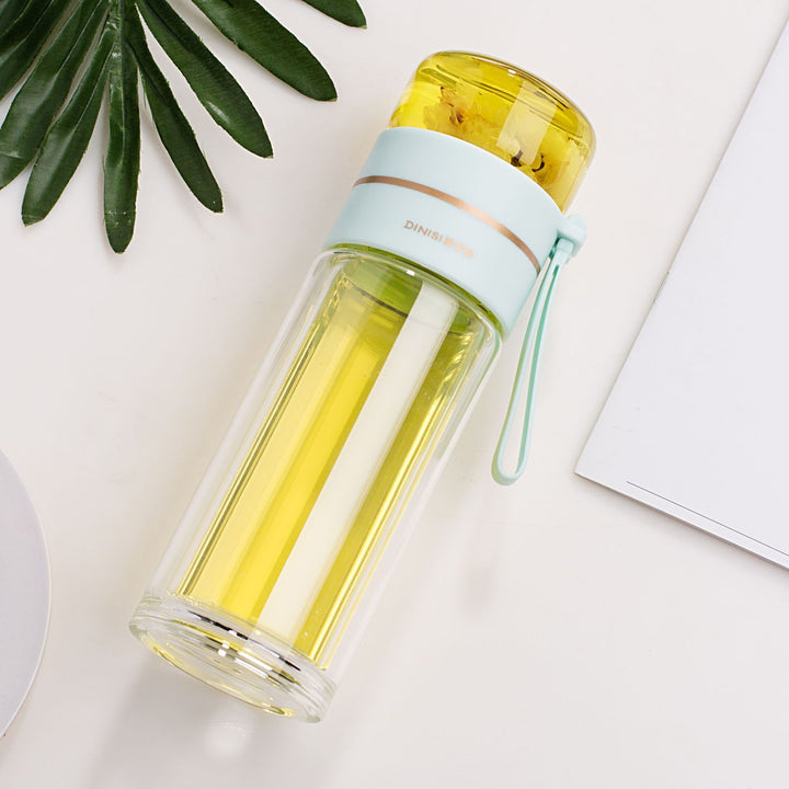 ThermoLeaf Bouteille de Thé en Verre à Double Paroi | 400–450 ml | Avec Filtre en Acier Inoxydable & Poignée de Transport | Étanche & Résistant à la Chaleur