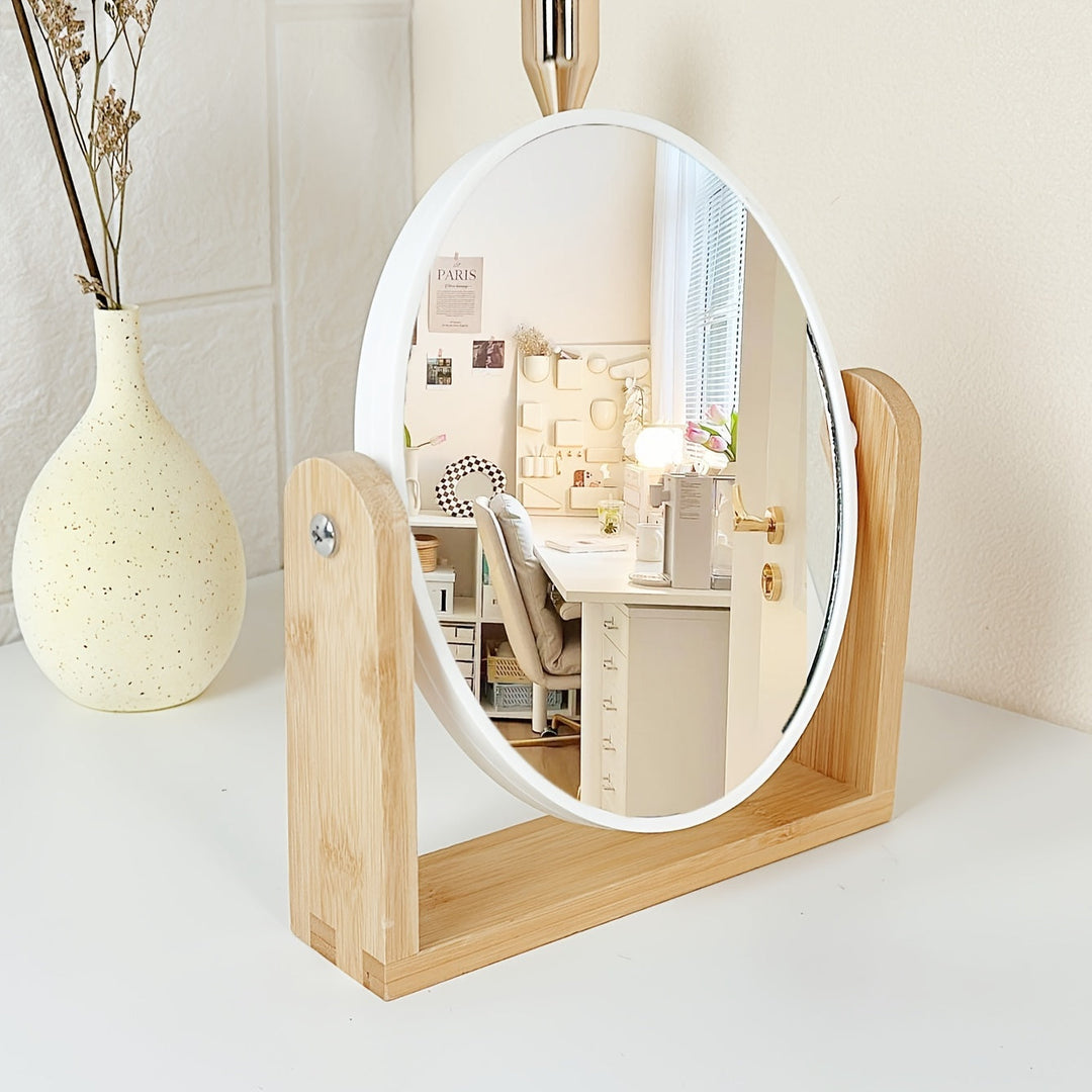 Miroir cosmétique pivotant Miravelle avec agrandissement | Cadre en bois et verre | 21×18×5 cm | Utilisable des deux côtés | Compact et élégant