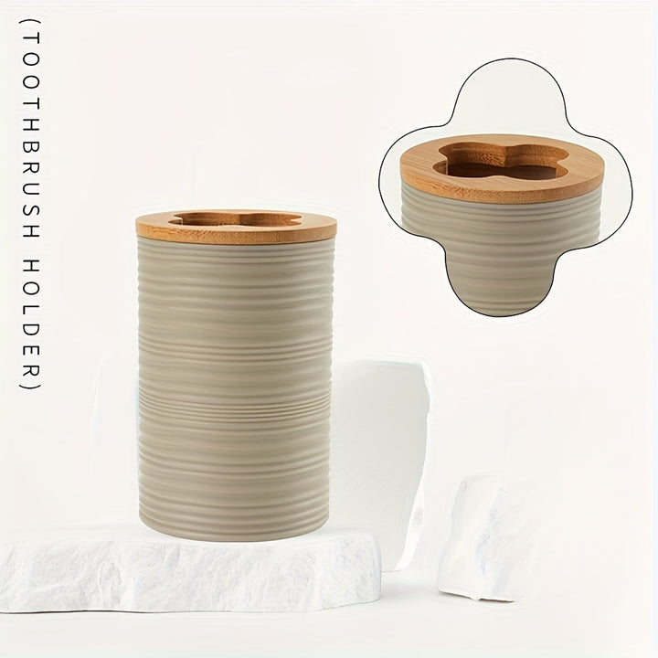Ensemble d'accessoires de salle de bain BAMNOVA | 6 pièces | Avec couvercles en bambou | Moderne & Naturel