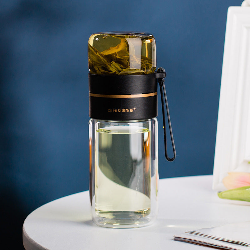 ThermoLeaf Bouteille de Thé en Verre à Double Paroi | 400–450 ml | Avec Filtre en Acier Inoxydable & Poignée de Transport | Étanche & Résistant à la Chaleur