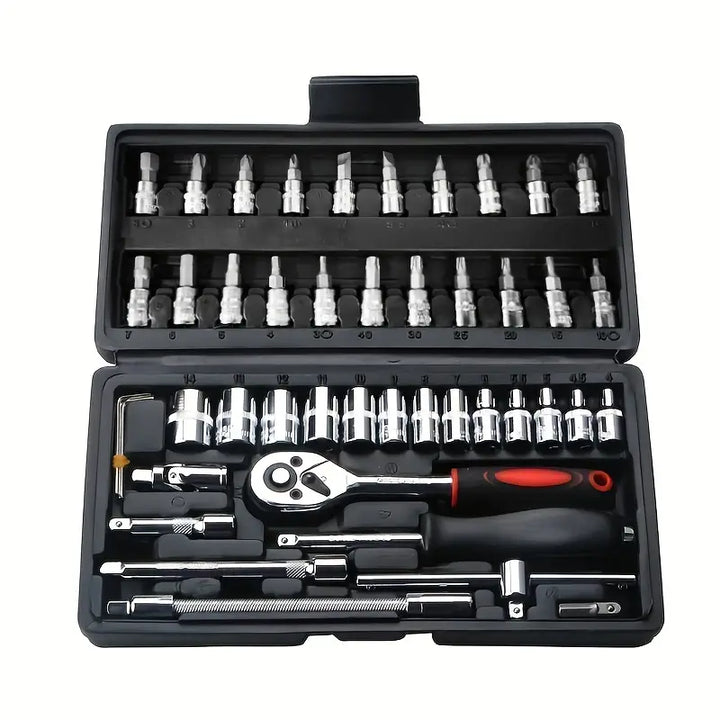 Coffre à outils TASKORIUM | Ensemble de 46 pièces | Acier chromé | Compact & Portable | 38×28×10 cm
