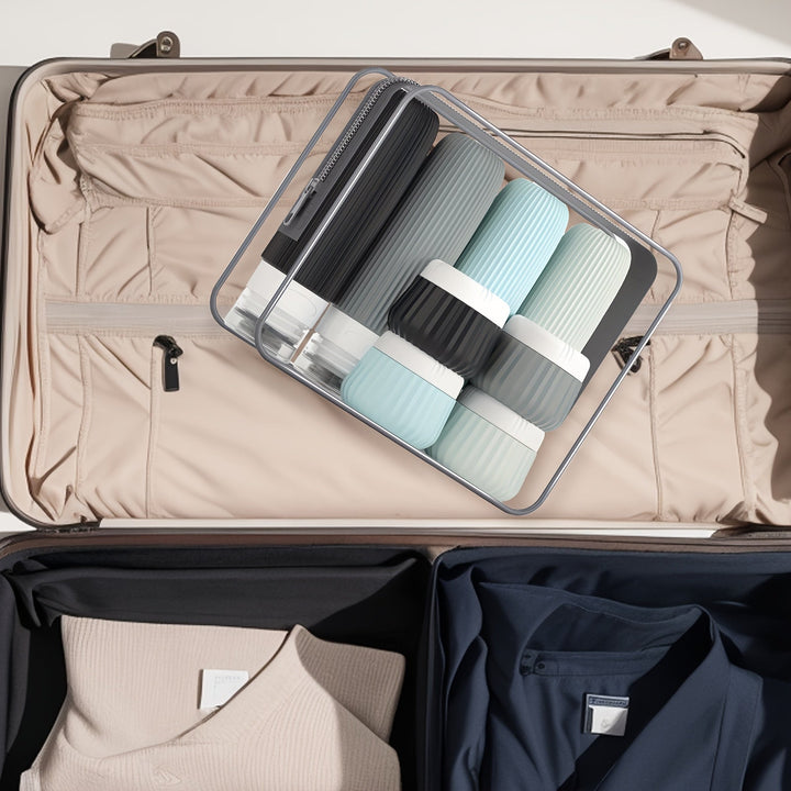 Set de bouteilles de voyage Travilo | Étanche & approuvé par la TSA | Avec trousse transparente et flexible | Silicone