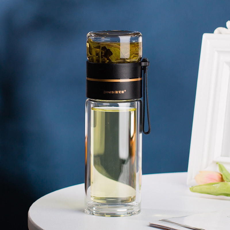 ThermoLeaf Bouteille de Thé en Verre à Double Paroi | 400–450 ml | Avec Filtre en Acier Inoxydable & Poignée de Transport | Étanche & Résistant à la Chaleur