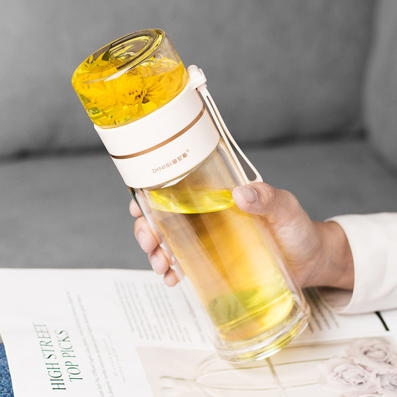 ThermoLeaf Bouteille de Thé en Verre à Double Paroi | 400–450 ml | Avec Filtre en Acier Inoxydable & Poignée de Transport | Étanche & Résistant à la Chaleur