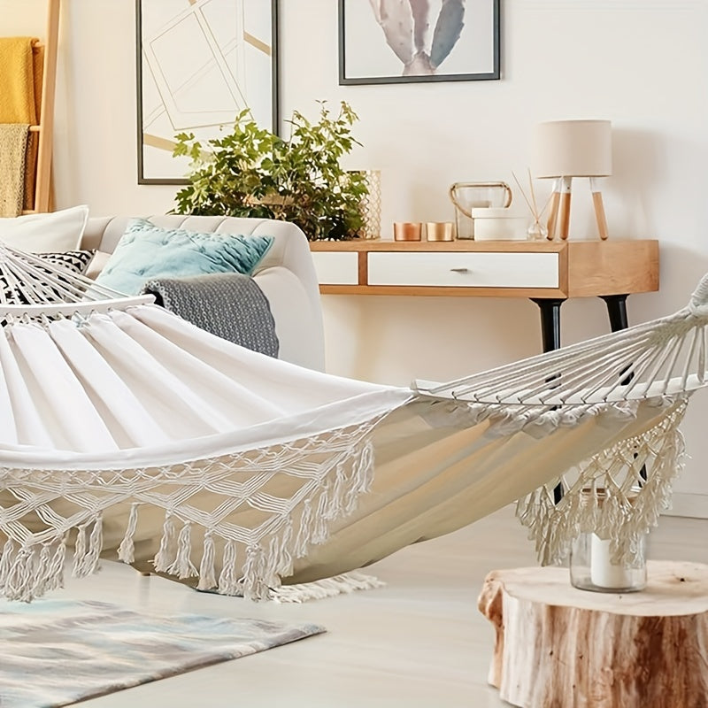 Hamac Boho Lunaria Breeze | Avec pompons et rayures | Coton | Pour 2 personnes | Capacité de 43 à 54 kg