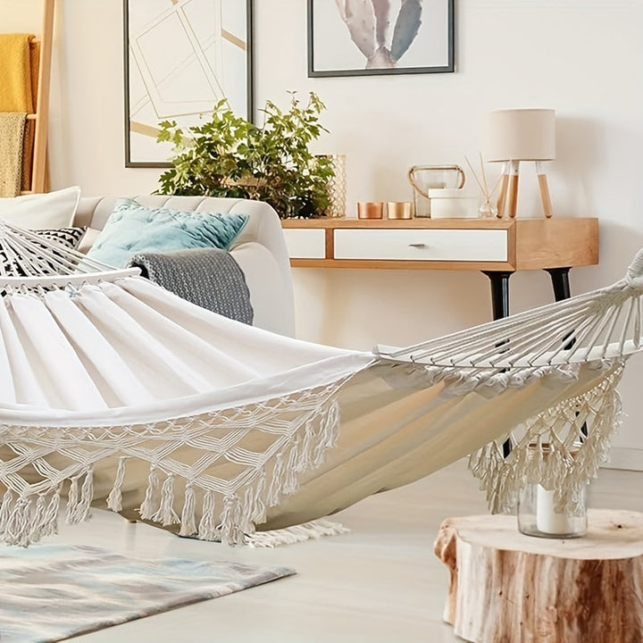 Hamac Boho Lunaria Breeze | Avec pompons et rayures | Coton | Pour 2 personnes | Capacité de 43 à 54 kg