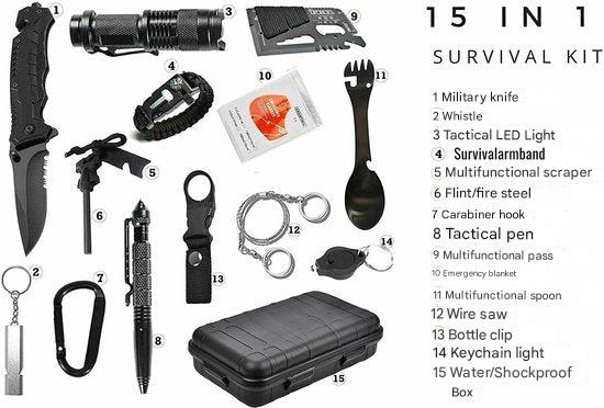 TrekFort Kit de Survie d'Urgence | Équipement 15-en-1 | Avec Lumière Dynamo, Solaire & USB | Étui Étanche