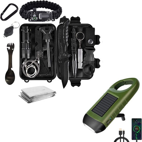 TrekFort Kit de Survie d'Urgence | Équipement 15-en-1 | Avec Lumière Dynamo, Solaire & USB | Étui Étanche