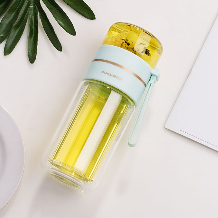ThermoLeaf Bouteille de Thé en Verre à Double Paroi | 400–450 ml | Avec Filtre en Acier Inoxydable & Poignée de Transport | Étanche & Résistant à la Chaleur