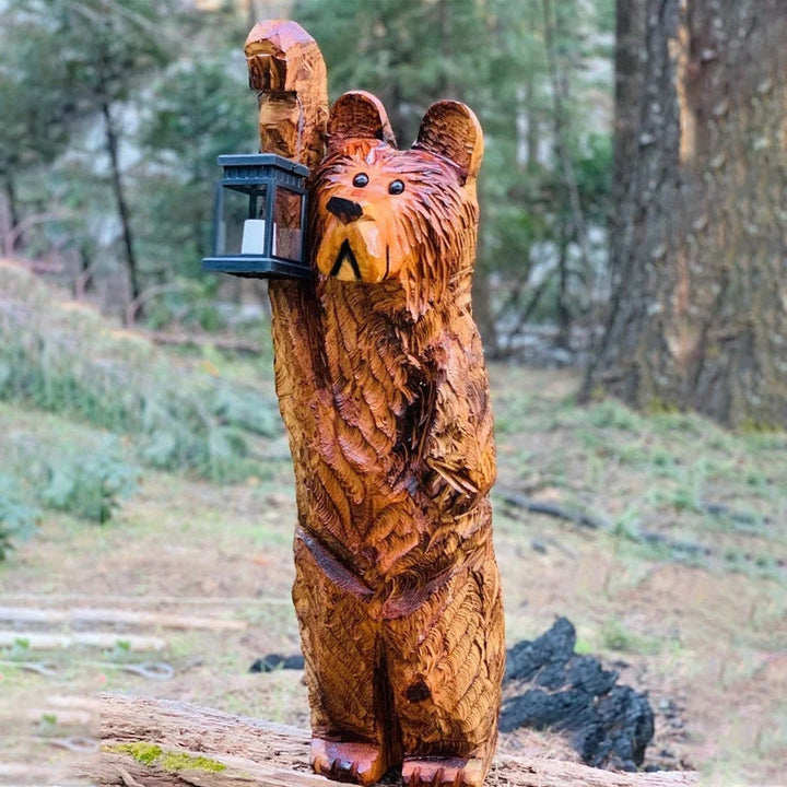 Luminara Ours Solaire | Sculpté à la main en résine | Lanterne avec effet de clignotement de bougie | Résistant aux intempéries