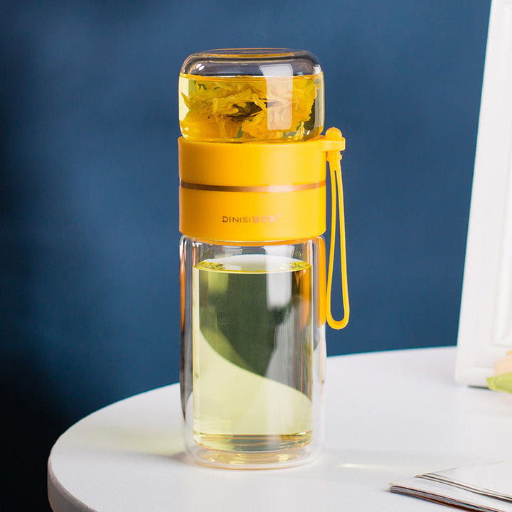 ThermoLeaf Bouteille de Thé en Verre à Double Paroi | 400–450 ml | Avec Filtre en Acier Inoxydable & Poignée de Transport | Étanche & Résistant à la Chaleur