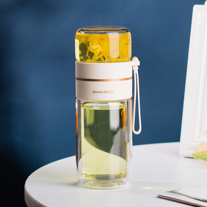 ThermoLeaf Bouteille de Thé en Verre à Double Paroi | 400–450 ml | Avec Filtre en Acier Inoxydable & Poignée de Transport | Étanche & Résistant à la Chaleur