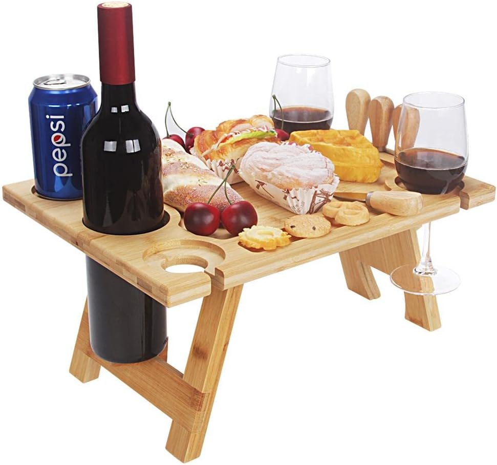 Table à vin portable Vinlora FoldWood | Pliable & Mobile | En bois | Avec porte-bouteilles & porte-verres | Pour pique-nique, jardin & camping