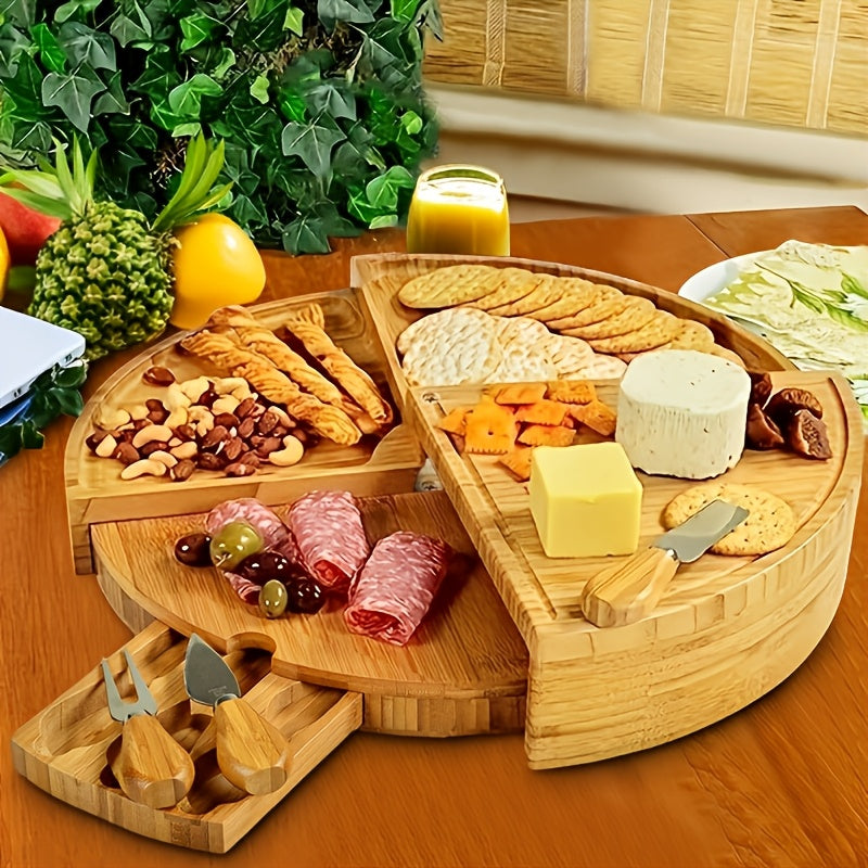 Plateau à fromage en bambou Servella avec système de tiroirs | Comprend un set de couteaux à fromage | Plateau de service rond | Durable et polyvalent