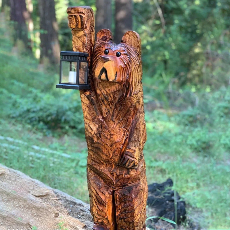 Luminara Ours Solaire | Sculpté à la main en résine | Lanterne avec effet de clignotement de bougie | Résistant aux intempéries