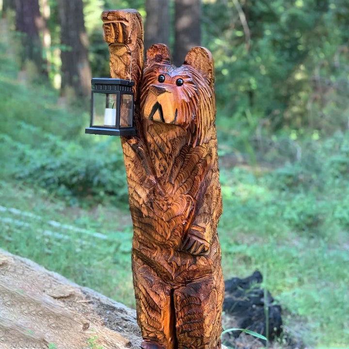 Luminara Ours Solaire | Sculpté à la main en résine | Lanterne avec effet de clignotement de bougie | Résistant aux intempéries