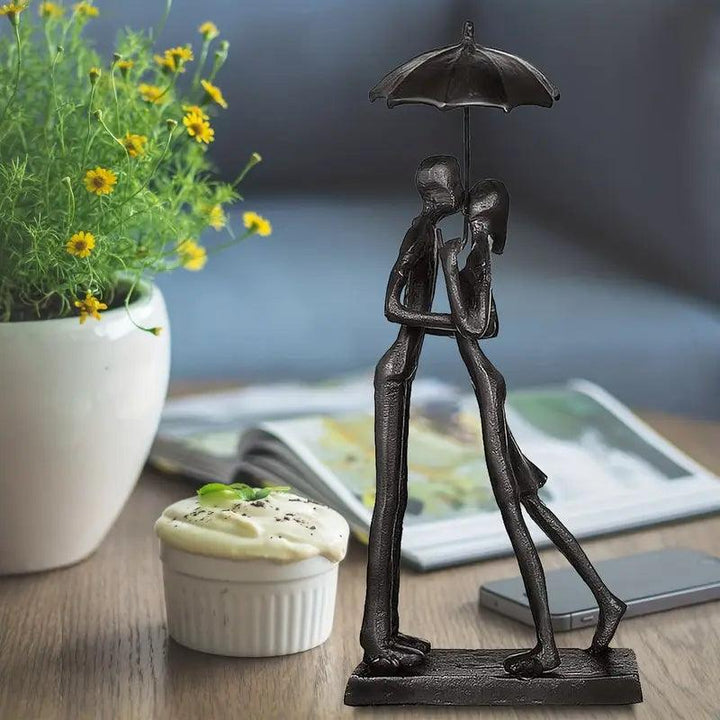 Figurine décorative Oiseaux d'amour avec parapluie | Métal noir | Accessoire de décoration romantique
