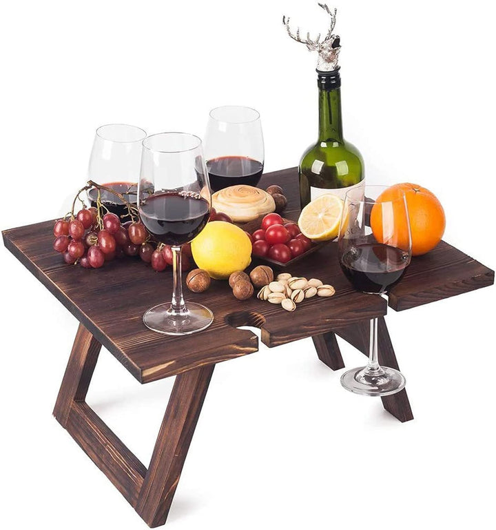 Table à vin portable Vinlora FoldWood | Pliable & Mobile | En bois | Avec porte-bouteilles & porte-verres | Pour pique-nique, jardin & camping