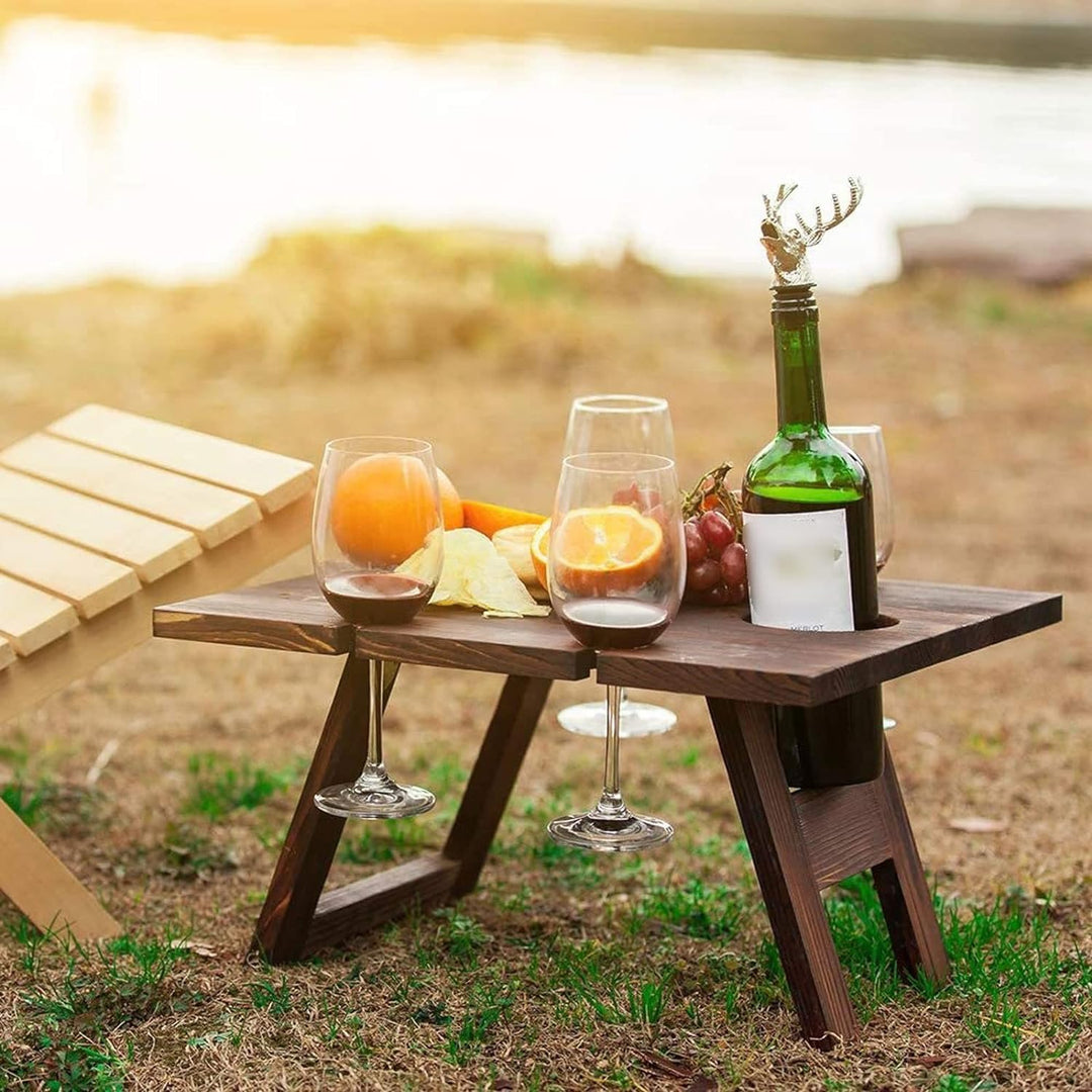 Table à vin portable Vinlora FoldWood | Pliable & Mobile | En bois | Avec porte-bouteilles & porte-verres | Pour pique-nique, jardin & camping
