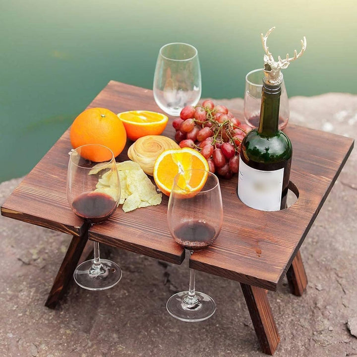 Table à vin portable Vinlora FoldWood | Pliable & Mobile | En bois | Avec porte-bouteilles & porte-verres | Pour pique-nique, jardin & camping