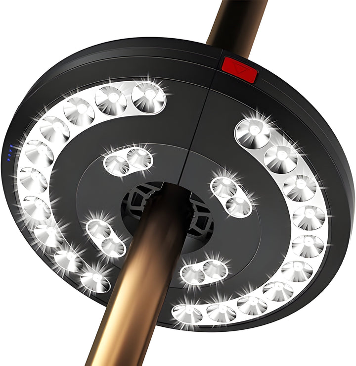 LumoClip Lampe de parasol LED avec batterie | 3 niveaux de luminosité & lumière à 360° | Chargement USB | Pour balcon, jardin & camping