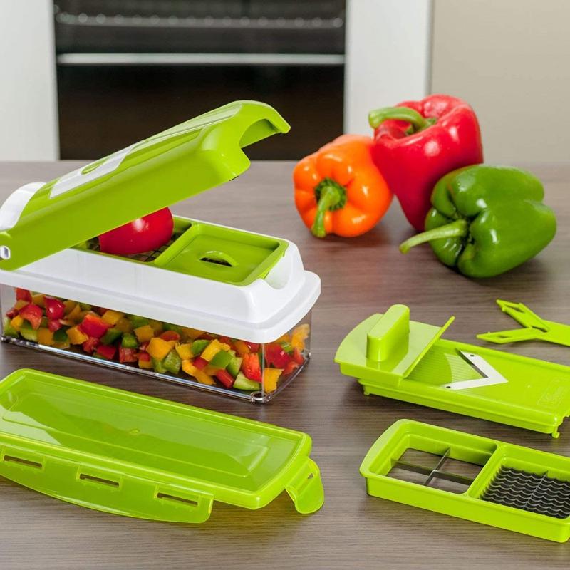 CutMate Coupe-légumes multifonction 12-en-1 | Avec récipient de collecte & protection des doigts | Lames en acier inoxydable | Compact & Sûr