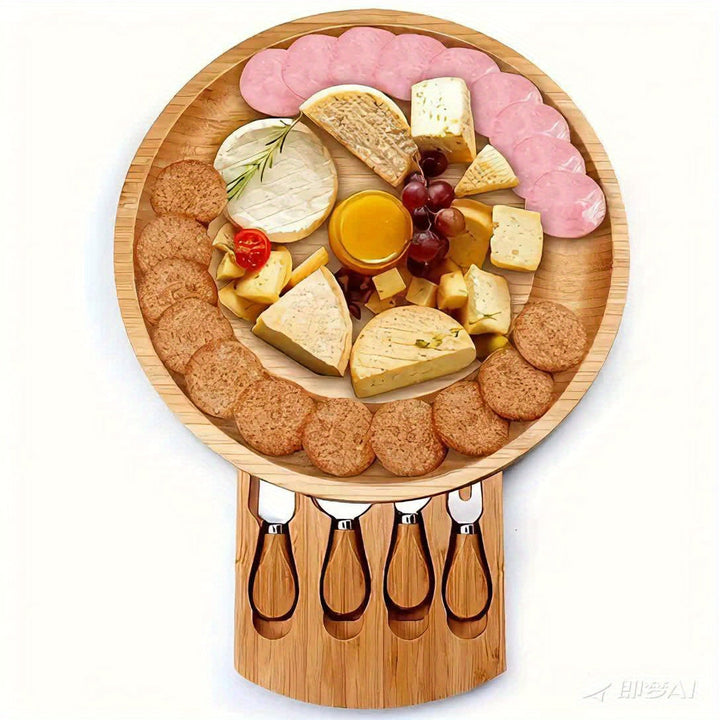 Plateau à fromage Bambucina Runde en bambou | Avec tiroir extensible & 4 couteaux à fromage | Durable & Élégant