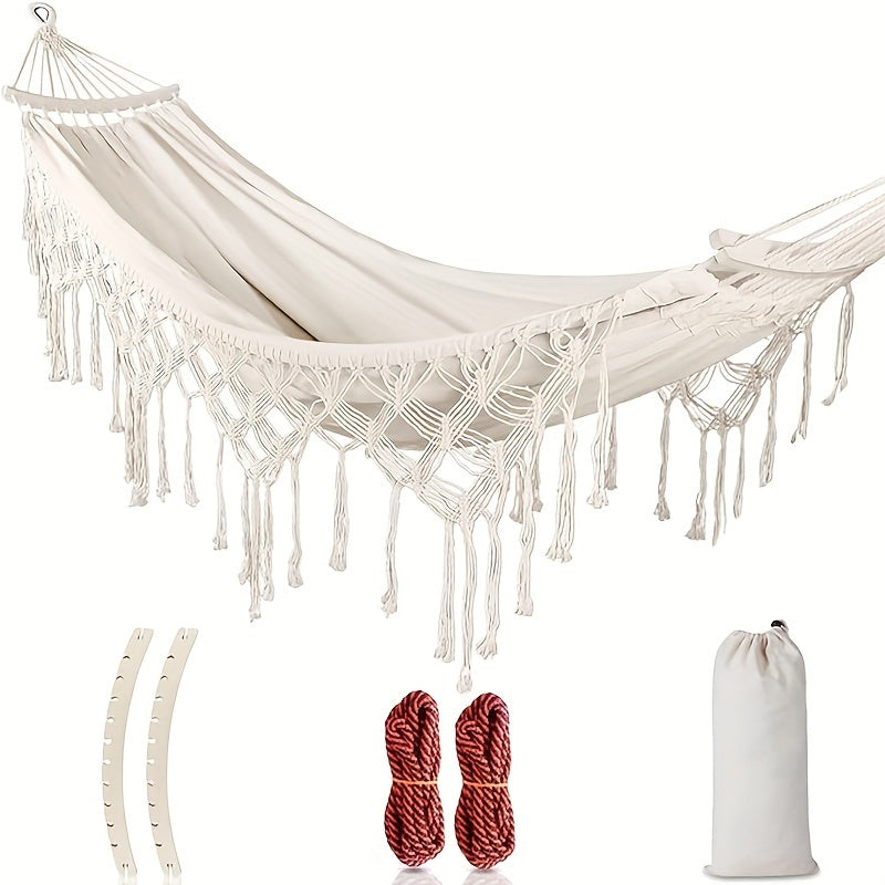 Hamac Boho Lunaria Breeze | Avec pompons et rayures | Coton | Pour 2 personnes | Capacité de 43 à 54 kg