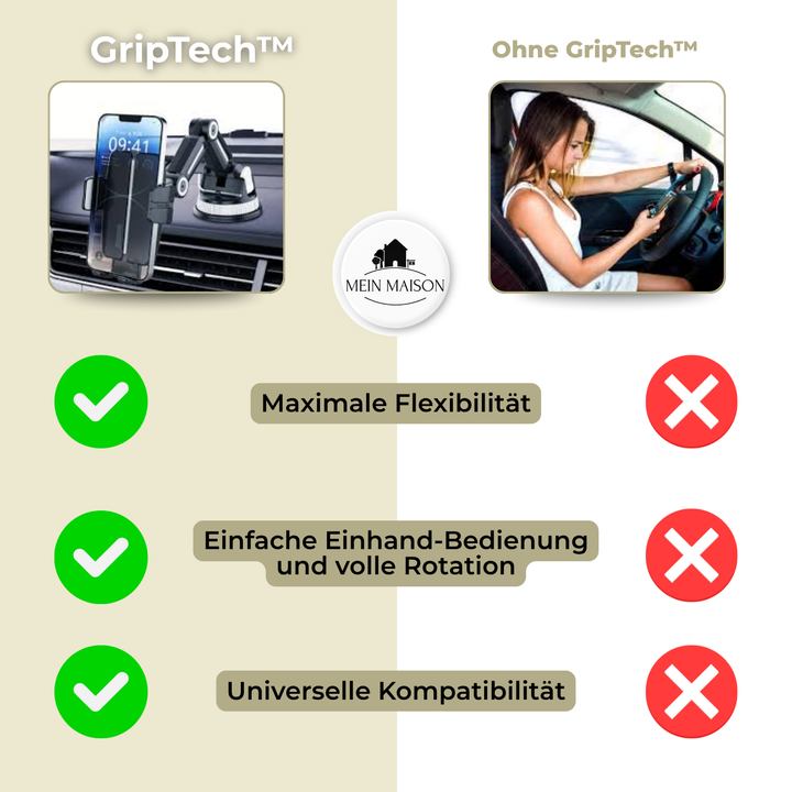 Support de téléphone auto GripTech | Forte adhérence par ventouse | Rotation 360° | Utilisation à une main