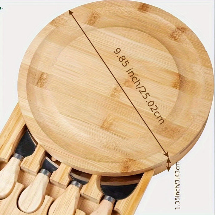 Plateau à fromage Bambucina Runde en bambou | Avec tiroir extensible & 4 couteaux à fromage | Durable & Élégant