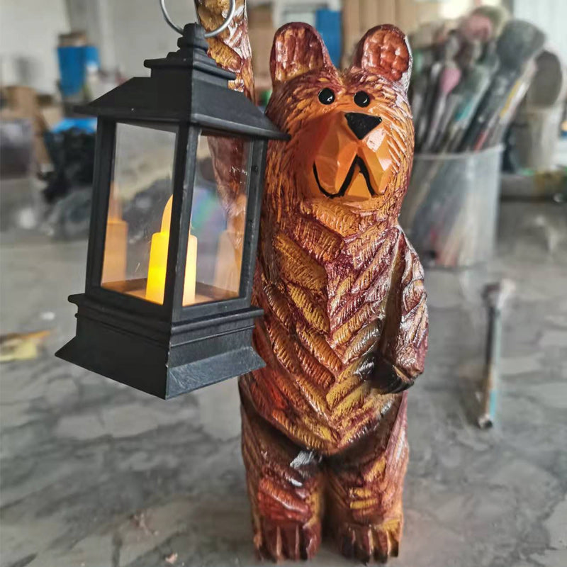 Luminara Ours Solaire | Sculpté à la main en résine | Lanterne avec effet de clignotement de bougie | Résistant aux intempéries
