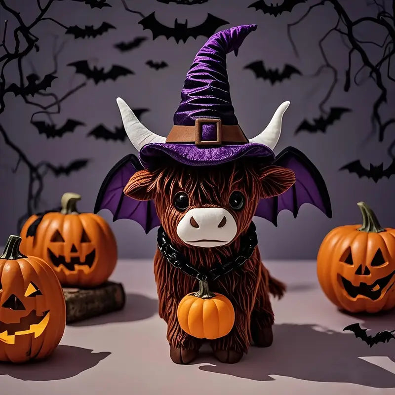 MoohMagic | Figurine de vache d'Halloween avec chapeau de sorcière et citrouille | Décoration amusante pour l'intérieur et l'extérieur