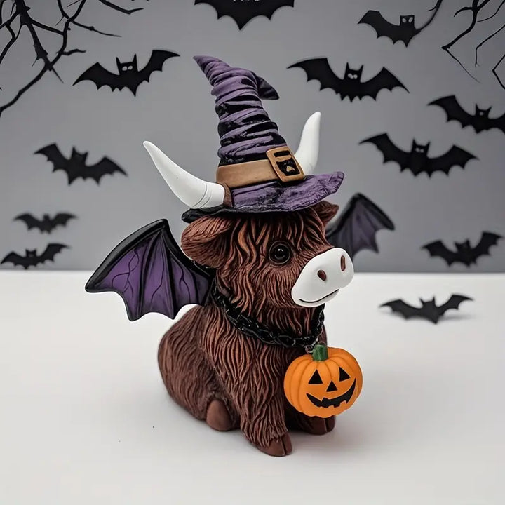 MoohMagic | Figurine de vache d'Halloween avec chapeau de sorcière et citrouille | Décoration amusante pour l'intérieur et l'extérieur