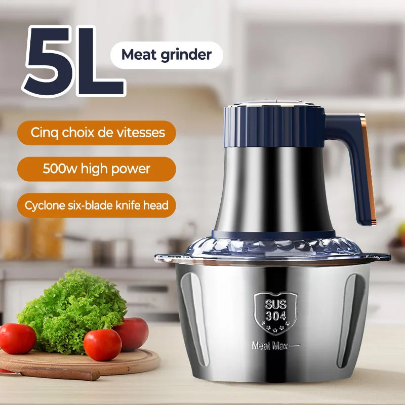PowerMix Pro | Hachoir à viande électrique & hachoir universel | Capacité de 5 L | 6 lames en acier inoxydable | 5 vitesses | 500 W de puissance