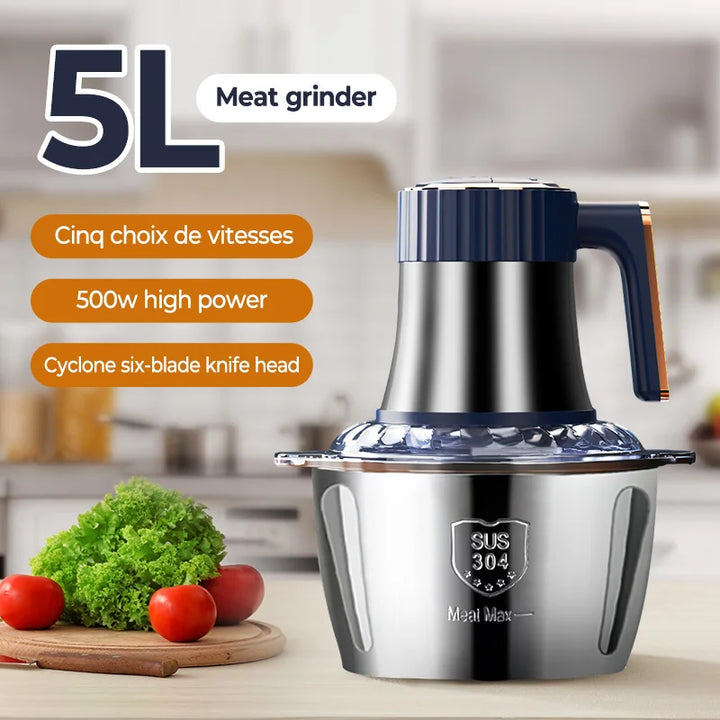 PowerMix Pro | Hachoir à viande électrique & hachoir universel | Capacité de 5 L | 6 lames en acier inoxydable | 5 vitesses | 500 W de puissance