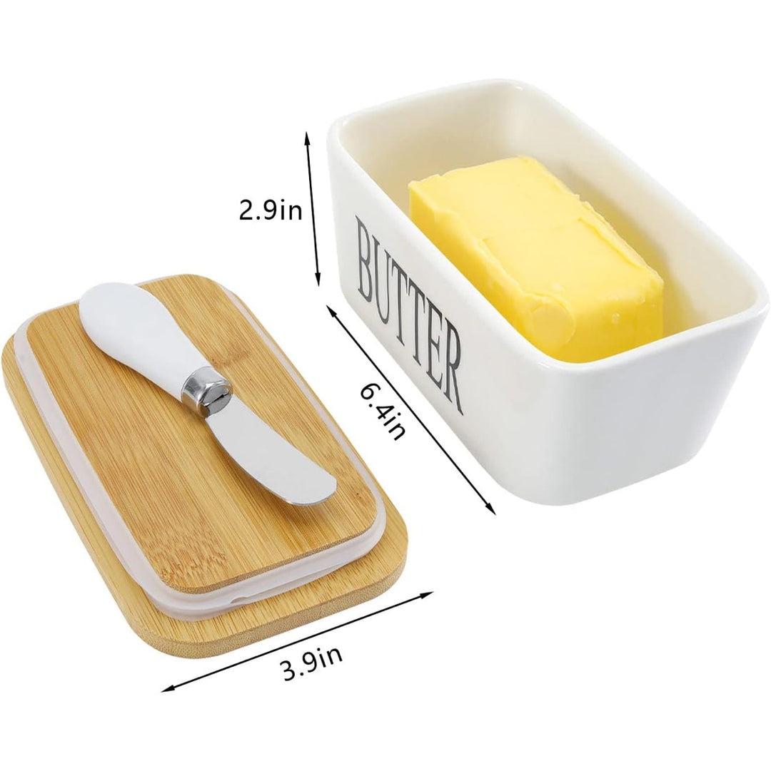 Nordura Récipient à Beurre en Céramique avec Couvercle en Bambou & Couteau | Frais & Élégant | Pour 250 g de Beurre Standard