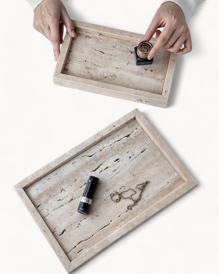 Plateau en céramique - Travertin beige - Pour parfums, bougies et bijoux
